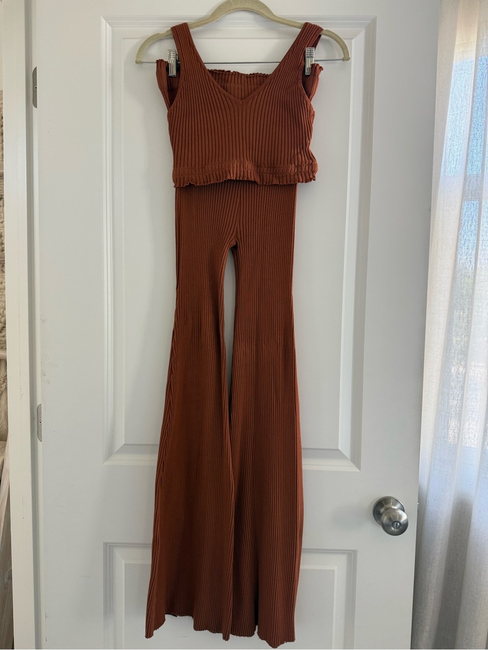 Ribbed Flare Jumpsuit Set in Rust